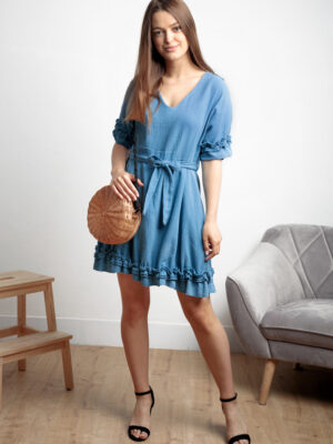 happywoman krótka niebieska sukienka z falbaną 1