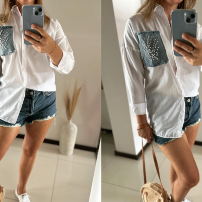 Letnia stylizacja z białą koszulą oversize