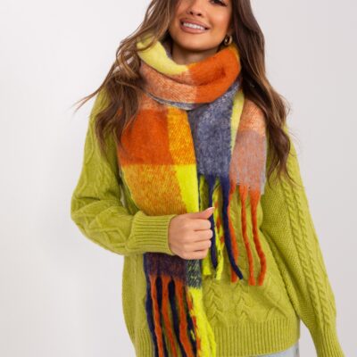 Gruby zimowy szal w granatowo-pomarańczową kratę