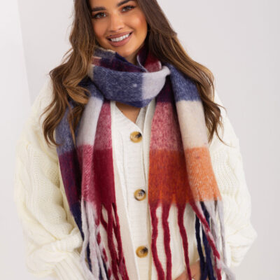 Gruby szal z frędzlami w granatowo-bordową kratę