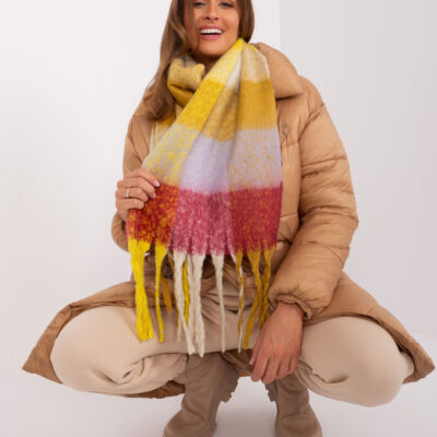 Gruby szal z frędzlami w żółto-bordową kratę